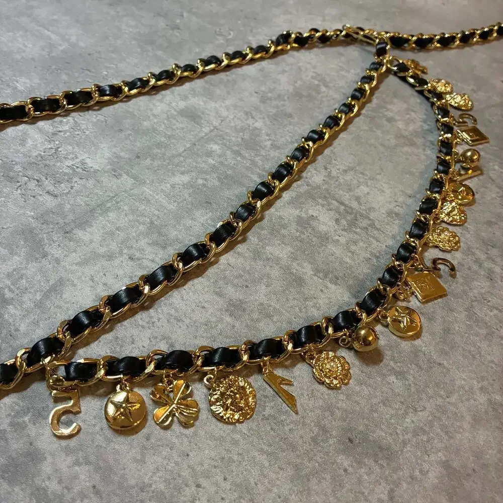 Vintage Style Gold Chain Black Belt w Charms